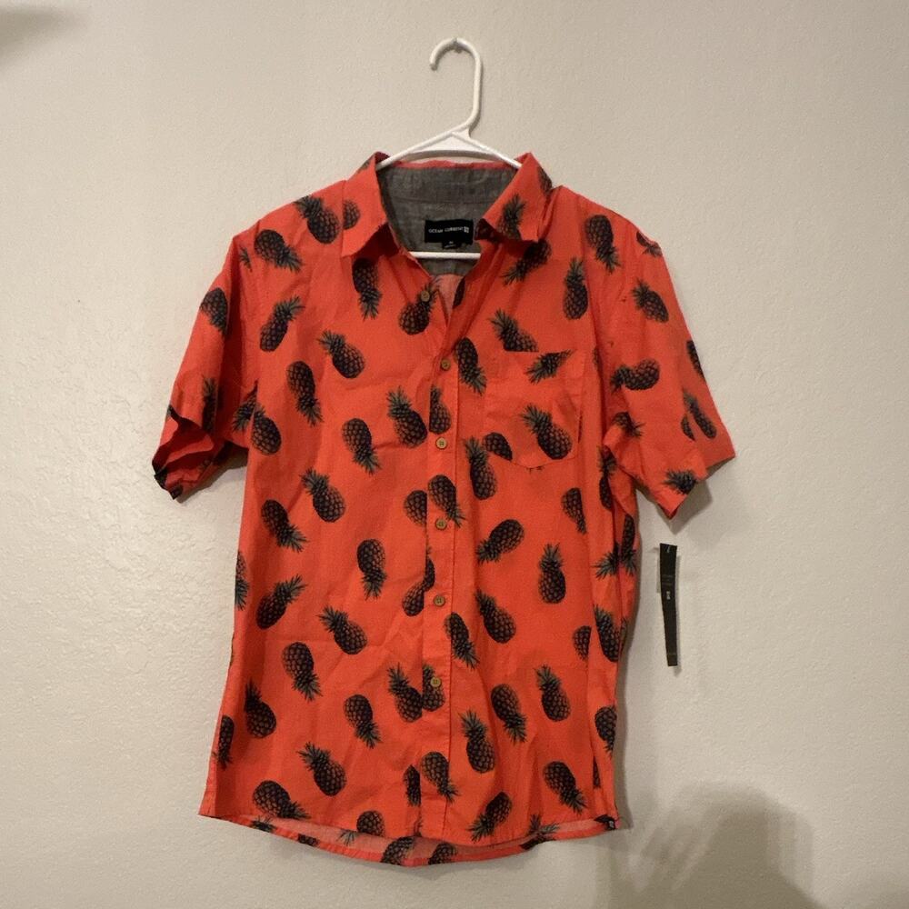 Ocean Current Men’s M Orange Black Pineapple Hawaiian Woven Point Collar Shirt